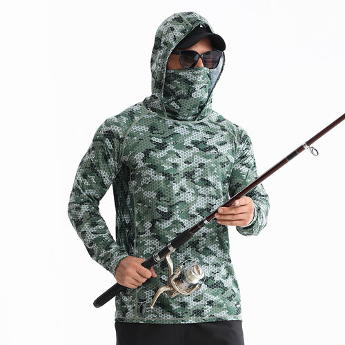 Premium Men’s  Fishing Shirt with Hoodie Face Mask Lightweight Sun Protection UPF 50+  Green Color